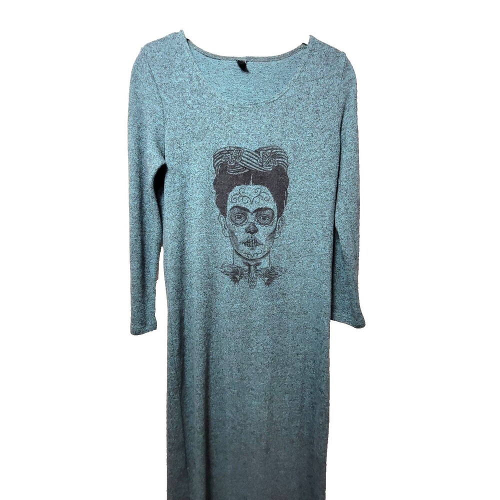 Frida Kahlo Skull Graphic Maxi Dress Teal Long Sleeve Stretch Size M Made USA Go